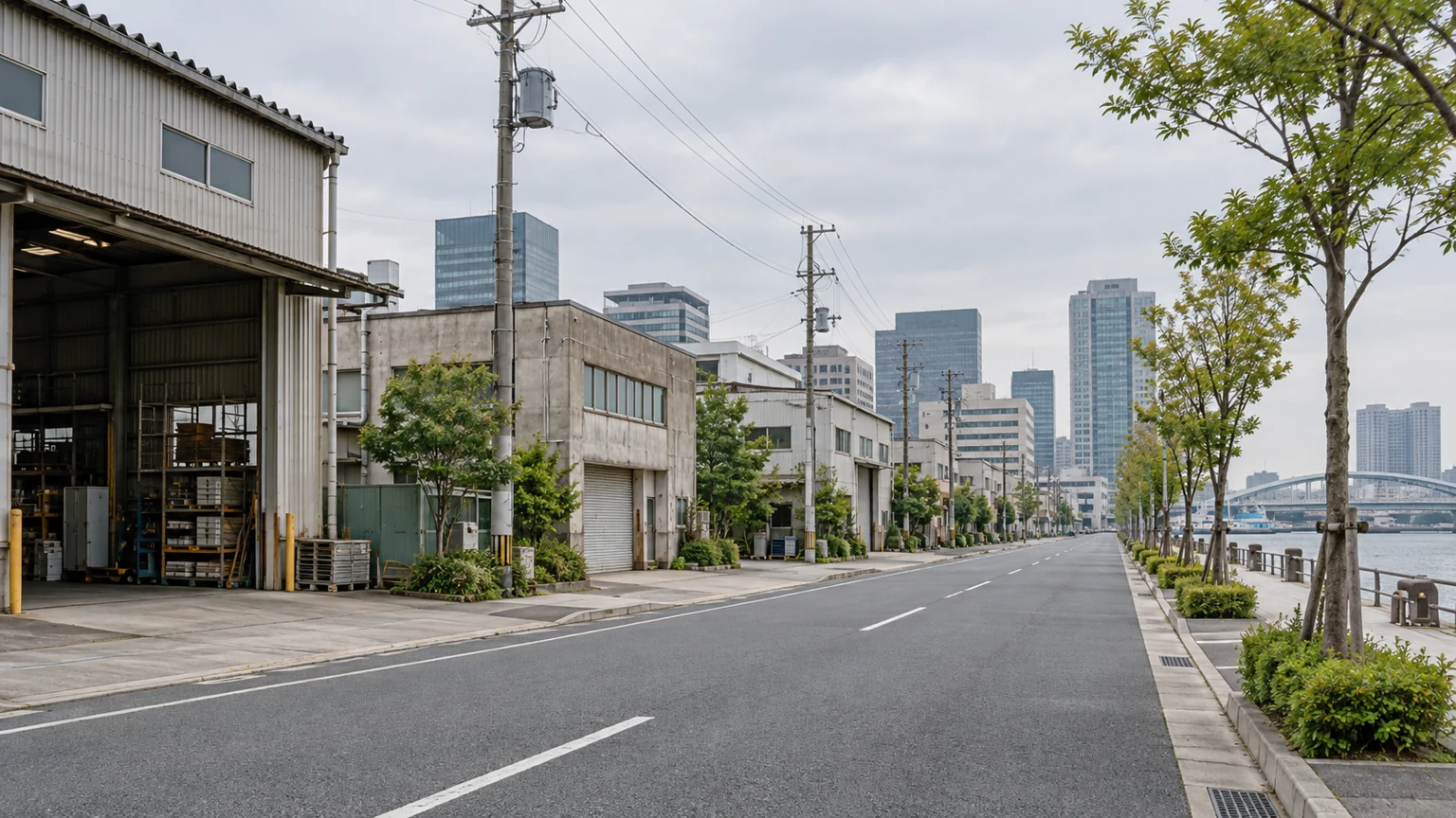 低層の業務用建物と植栽、整備された歩道が並ぶ沿岸の業務地区